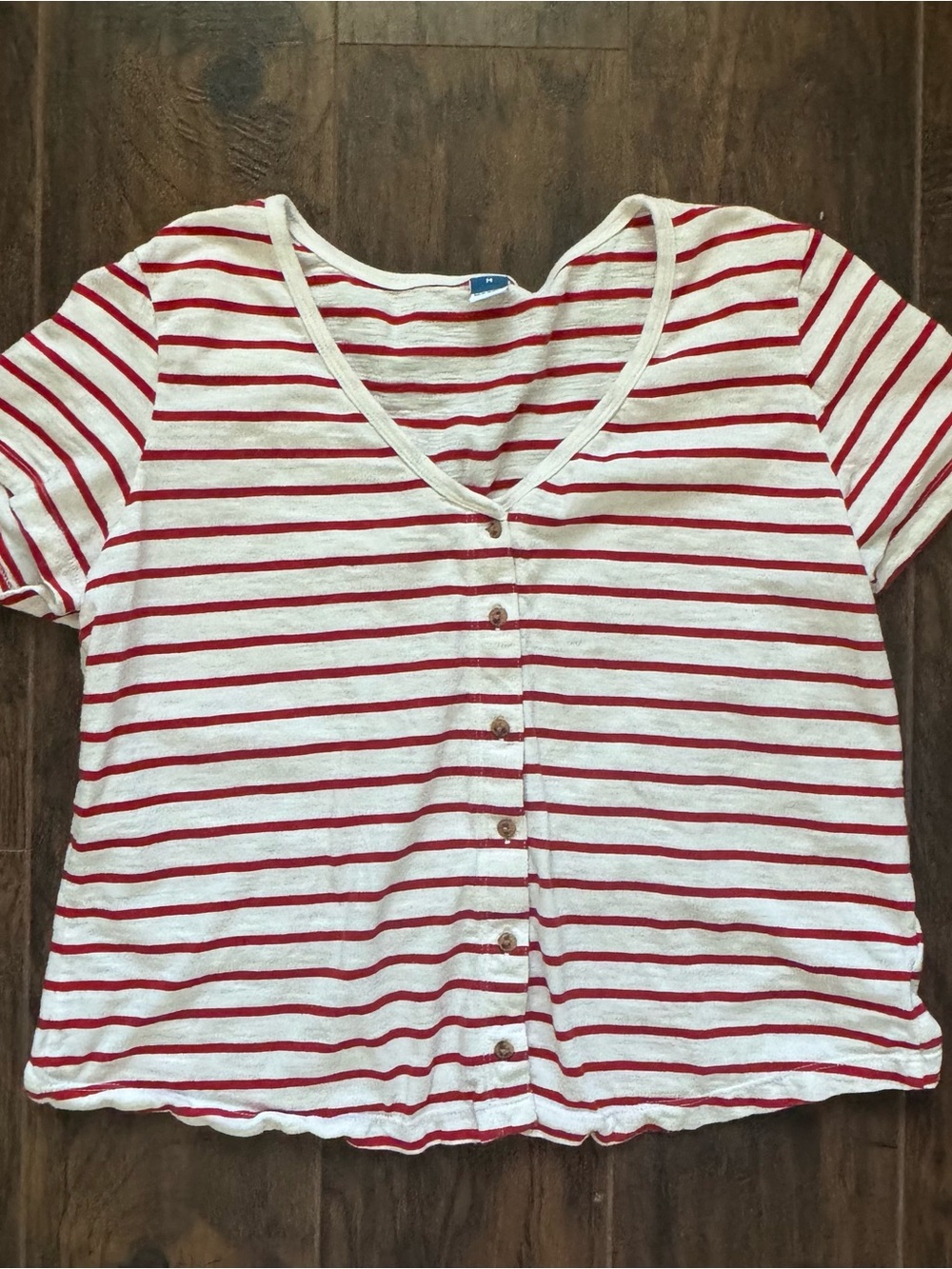 Old Navy Medium Red and White Striped Slub-Knit V-Neck Button-Front Top